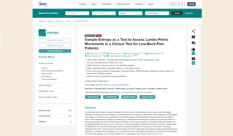 Screen of article : Sample entropy as a tool to assess lumbo-pelvic movements in clinical test for low-back-pain patients