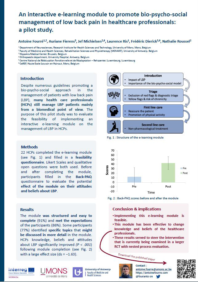Poster of an interactive e-learning module to promote bio-psycho-social management of low back pain in healthcare professionals